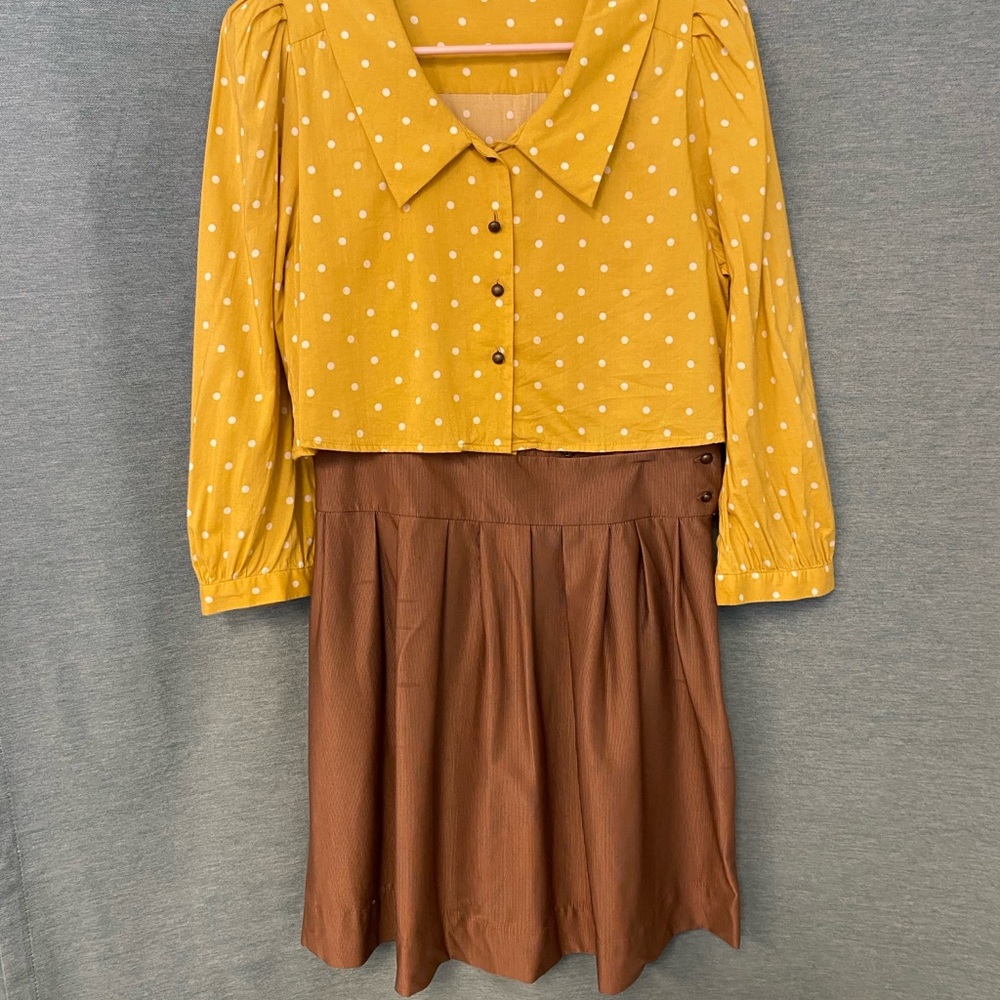 Jaspal Yellow Polka Dot Blouse and Brown Skirt Set Size Large Tank undershirt